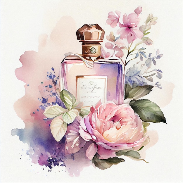 Aquarel glazen parfumflesje met een bloem Mode tekening schets illustratie schoonheid reclame