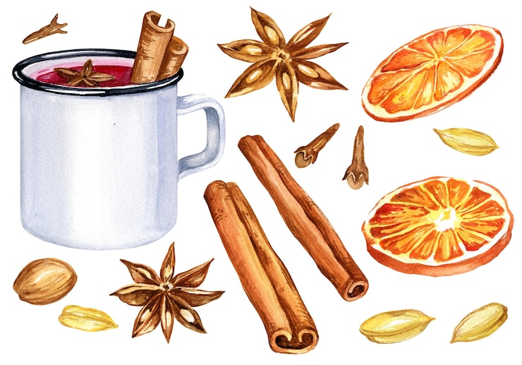 Foto aquarel glühwein set met een glas en ingrediënten handgetekende schets kruiden kaneel sinaasappel