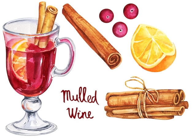 Aquarel glühwein set met een glas en ingrediënten handgetekende schets kruiden kaneel sinaasappel