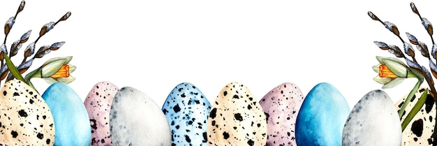 Foto aquarel grens pasen met narcis wilg gekleurde eieren lente hand getekende illustratie geïsoleerd op een witte achtergrond
