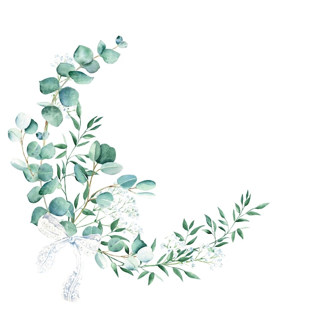 Foto aquarel groen krans eucalyptus gypsophila en pistache takken met witte kanten strik rustiek