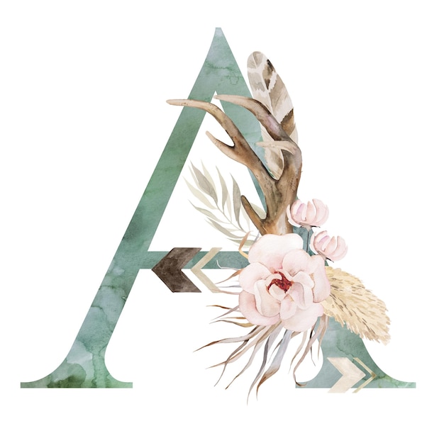 Aquarel groene letter A met gewei gedroogde bladeren en tropische bloemen boeket Boho illustratie