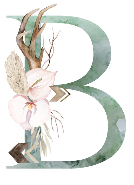 Aquarel groene letter B met gewei gedroogde bladeren en tropische bloemen boeket Boho illustratie