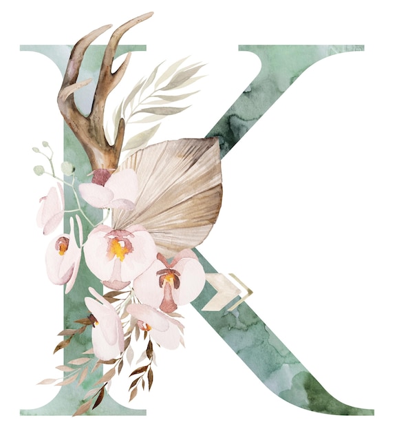 Aquarel groene letter K met gewei gedroogde bladeren en tropische bloemen boeket Boho illustratie