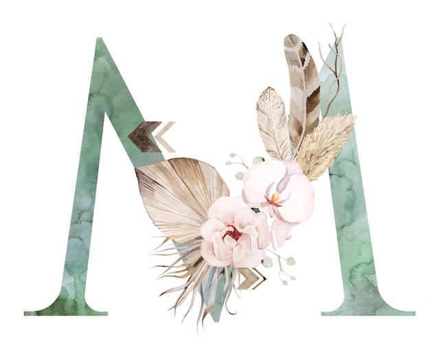 Aquarel groene letter M met gedroogde bladeren en tropische bloemen boeket Boho illustratie