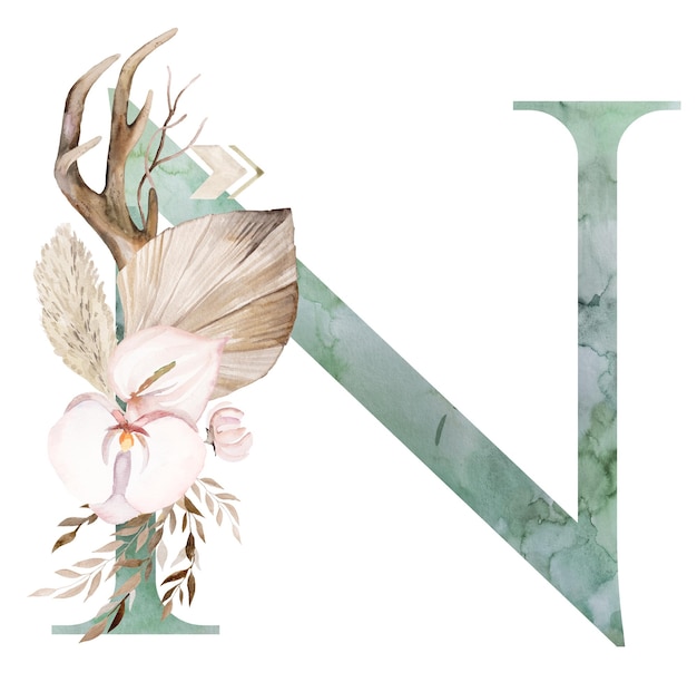 Aquarel groene letter N met gewei gedroogde bladeren en tropische bloemen boeket Boho illustratie