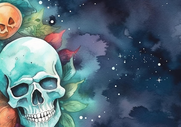 Aquarel Halloween achtergrond met een schedel op een donkere achtergrond Herfst illustratieGeneratieve AI