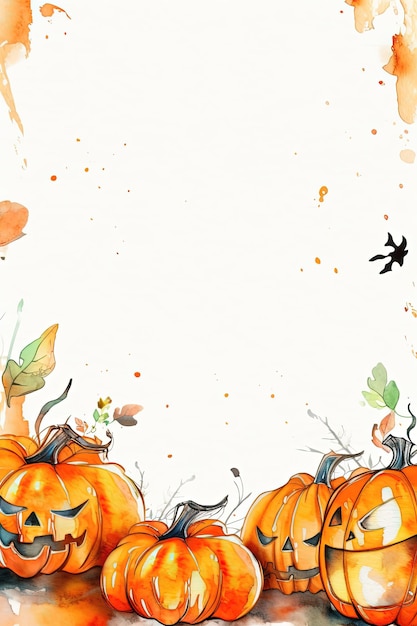 Aquarel Halloween-achtergrond met pompoenen en bladeren Handgetekende illustratiestijl Plaats voor tekst Wenskaartsjabloon