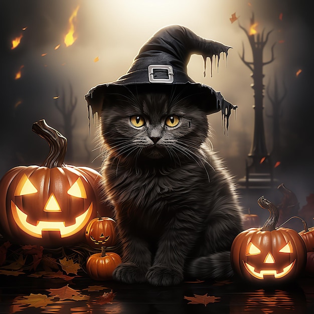 Aquarel Halloween illustratie van schattige zwarte kat in een puntige heksenhoed