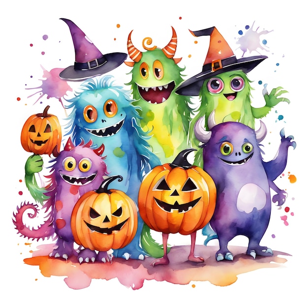 Aquarel Halloween monsters clipart generatieve ai