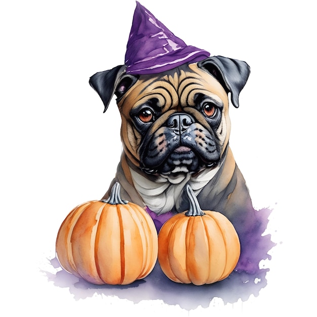 aquarel halloween pug dog in heksenhoed