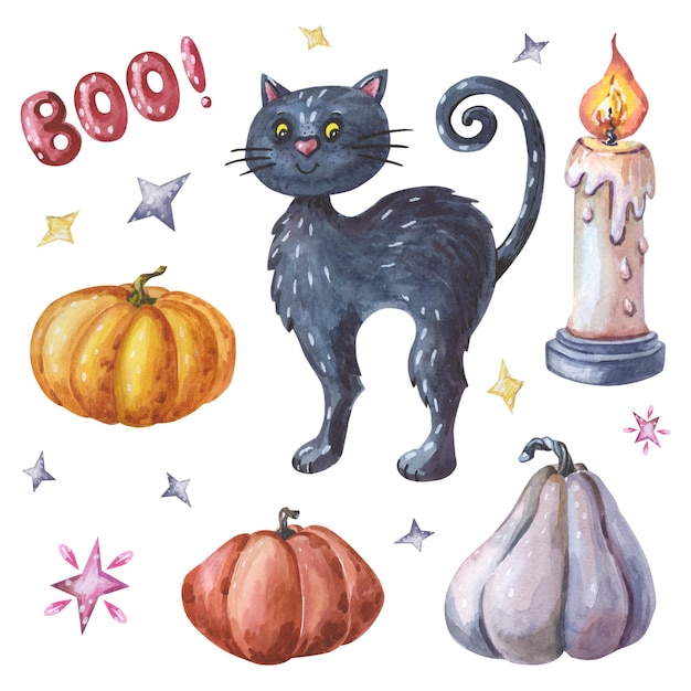 Aquarel halloween set leuke zwarte kat kaarspompoenen sterren izolaterd op witte achtergrond