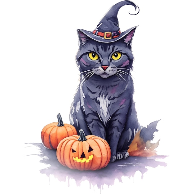 aquarel halloween zwarte kat met pompoen