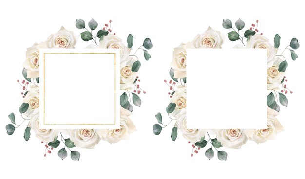 Aquarel hand getekende gouden frame met boho bloemen boeket rozen orchideeën anthurium eucalyptus perfect voor uitnodiging en sociale media