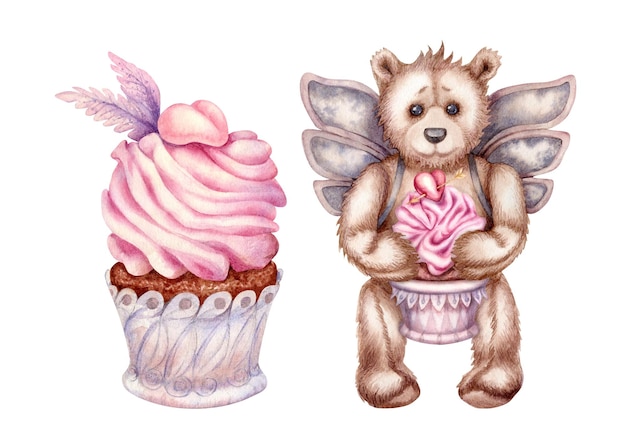 Aquarel hand getekende teddybeer - een engel met roze hart cupcake