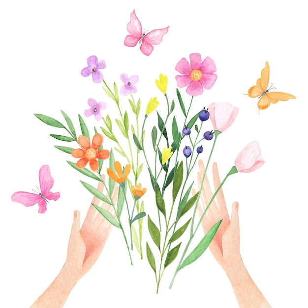 Aquarel handen met bloemen. png clipart