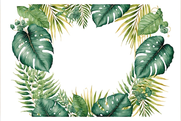 Aquarel handgeschilderd frame met tropische groene bladeren en takken. Frame voor huwelijksuitnodigingen