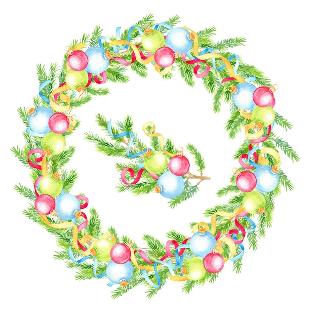 Aquarel handgeschilderde kerstkrans met fir tree takken en kerstballen.