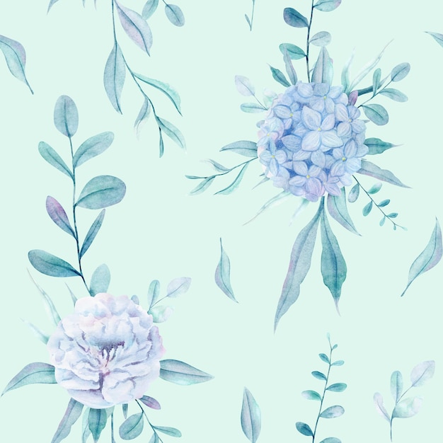 Aquarel handgeschilderde naadloze patroon met blauwe bloemen hortensia en pioenroos