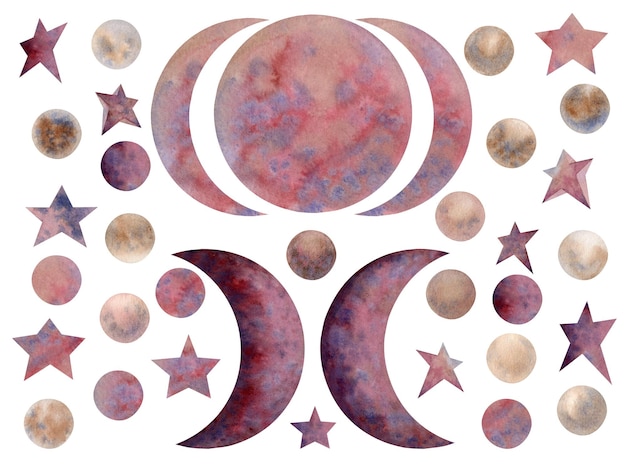 Aquarel handgetekende magische maanfasen, wassende maan, sterren in beige, paarse en blauwe kleur