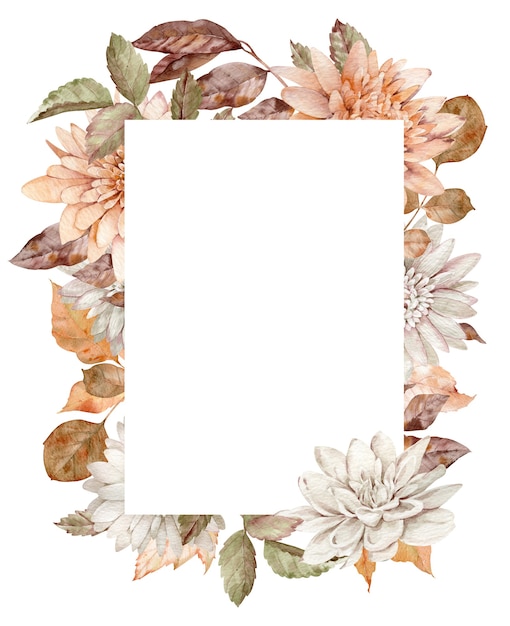Foto aquarel herfst bloemen verticaal frame. handgetekende bloemen herfst sjabloon. chrysantenboeket versierd met bladeren.