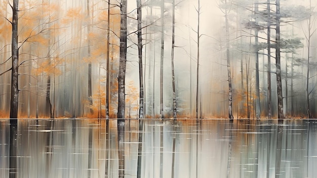 Foto aquarel herfst grijs bos met reflectie in water, rustige achtergrondlandschap zachte kleur