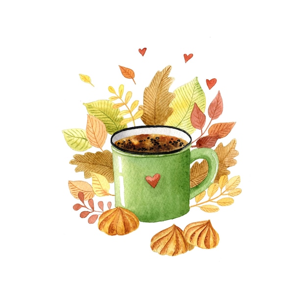 Aquarel herfst kopje koffie met koekjes, kaneel en herfstbladeren