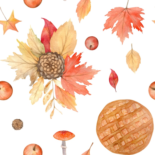 Aquarel herfst naadloze patroon met handgeschilderde gezellige symbolen van herfst seizoen.