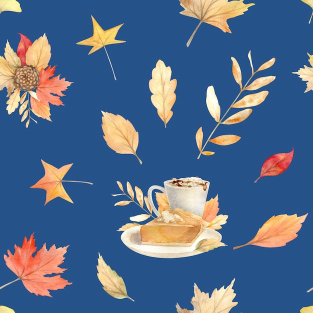 Aquarel herfst naadloze patroon met handgeschilderde gezellige symbolen van herfst seizoen.