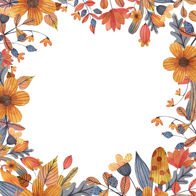 Aquarel herfst oranje en grijs vierkant frame met bloemen bladeren en takken halloween