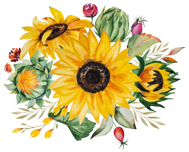 Aquarel herfstboeket gemaakt van gele zonnebloemen en bladeren geïsoleerd