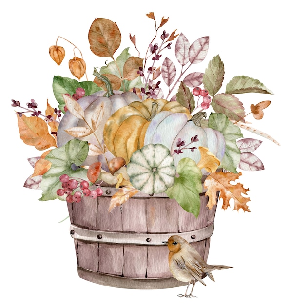 Aquarel herfstboeket met pompoenen, herfstbladeren en bessen. Thanksgiving Day-kaart met een vogel geïsoleerd op de witte achtergrond.