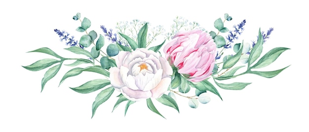 Aquarel horizontaal boeket witte en roze pioenrozen lavendel gypsophila eucalyptus handgeschilderd