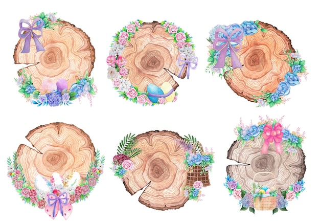 Aquarel houten borden met lente Pasen decoratie Aquarel illustraties
