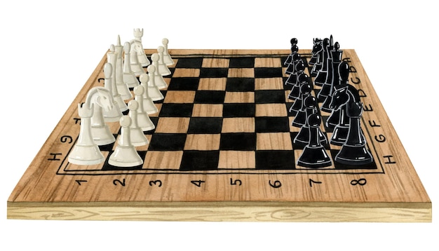 Aquarel houten schaakbord met zwarte en witte stukken aquarel geïsoleerde illustratie