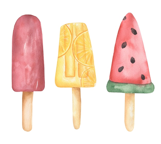 Foto aquarel ijs clipart set zomer voedsel illustratie watermeloen en citrus ijs print