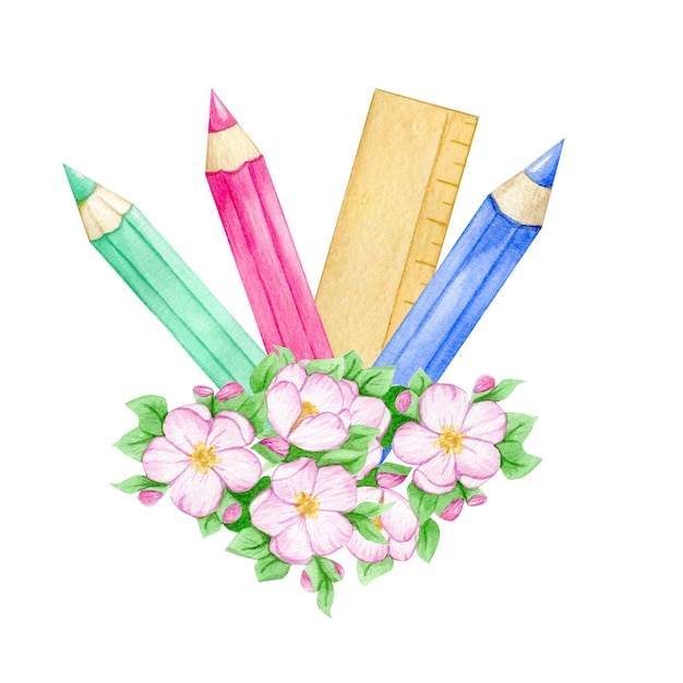 Aquarel illustratie boeken potloden bloemen