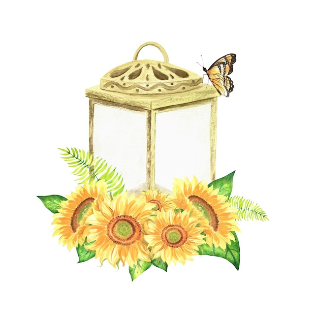 Aquarel illustratie Glazen lantaarn met zonnebloemen en varens