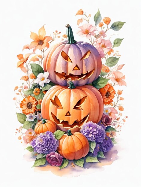 aquarel illustratie Halloween enge pompoen kleurrijke bloemen