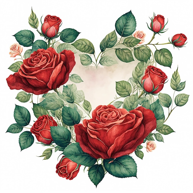 Aquarel illustratie hart gemaakt van rozen Rode bloemen boeket clipart Valentijnsdag kaart