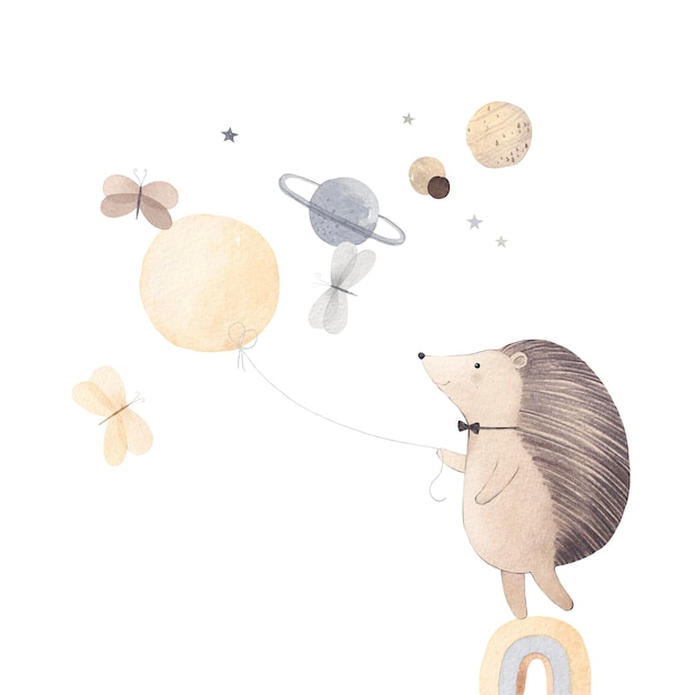 Foto aquarel illustratie hedgehog kijken naar vlinders planeten op een rij kinderposter witte geïsoleerde achtergrond