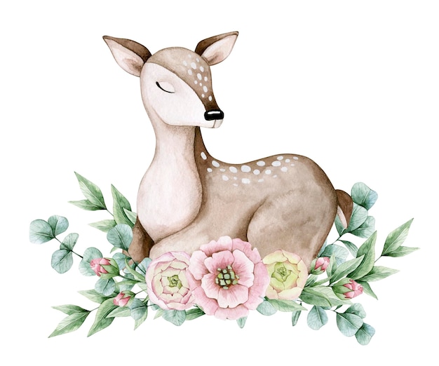 Aquarel illustratie kaart met baby herten, eucalyptus en rozen. Geïsoleerd op wit.