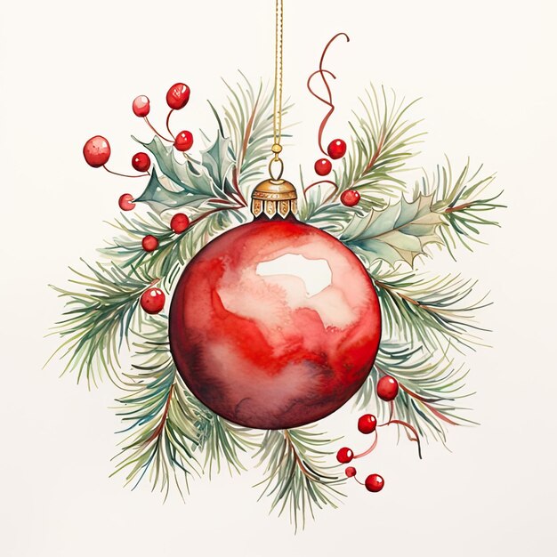 Aquarel illustratie Kerstdecor met rode bal