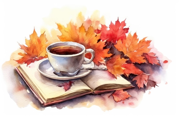 Aquarel illustratie koffiekopje boek en herfstboeket