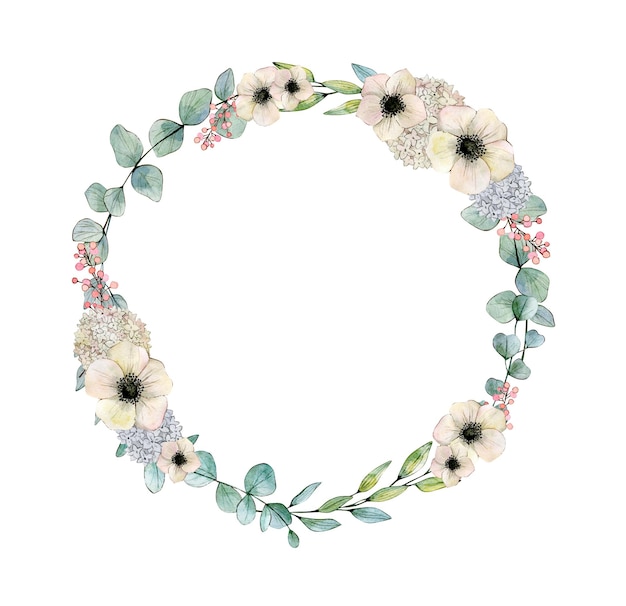 Aquarel illustratie krans met anemonen en eucalyptus Hand getrokken clipart geïsoleerd op wit