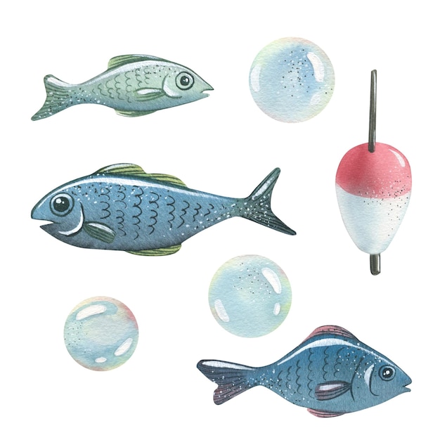 Foto aquarel illustratie op het thema van de zeevisserij fish float bubbels