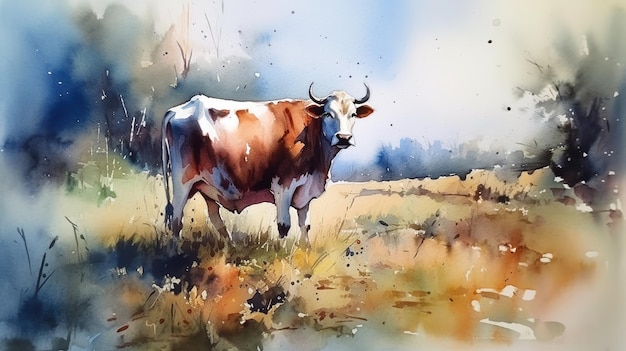 Aquarel illustratie rode gevlekte koe in de weide gegenereerd ai