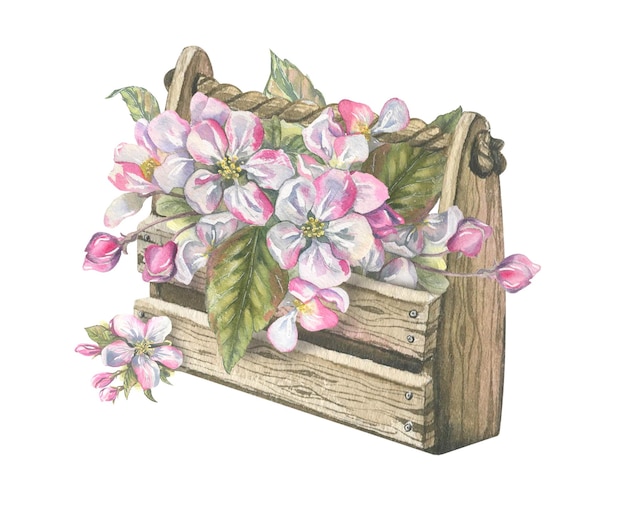 Aquarel illustratie samenstelling van bloeiende fruitbomen en tuingereedschap Een frisse en mooie bloemenset voor de lente Voor ontwerpdecoratie en ansichtkaarten