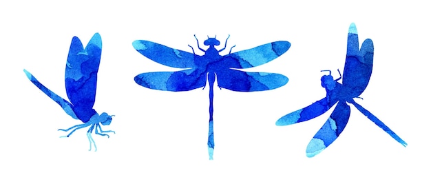 Aquarel illustratie set blauwe abstracte libellen met verf strepen Leuke grappige insecten print