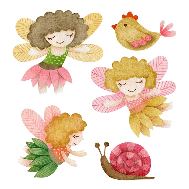 Aquarel illustratie set van fairy slak birdie